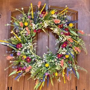 Spring Artificial Wildflower Wreath - 20in Daisy & Lavender Greenery Wreath for Rustic Farmhouse Summer Decor (22in)