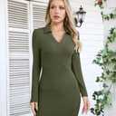 VICHYIE Women Lapel Neck Ribbed Bodycon Tight Fall Dress Long Sleeve Mid Thigh Pencil Above Knee Dresses (Green, L)
