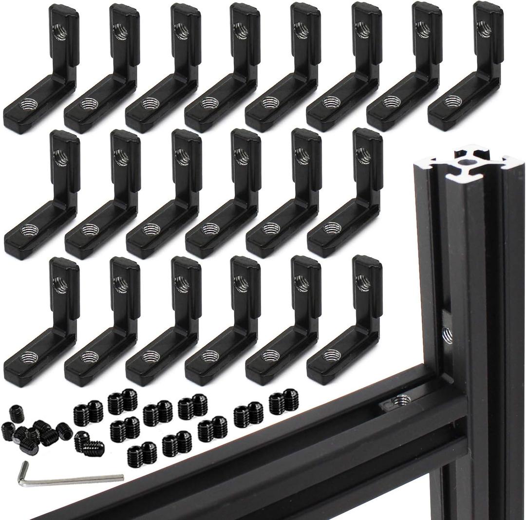 20Pcs 2020 Aluminum Extrusion Black Corner Bracket T Slot Inside L Shape Joint Angle Hardware Connector with Screws for 20 Series 20/20 2040 V Slot Extruded Aluminum Profile