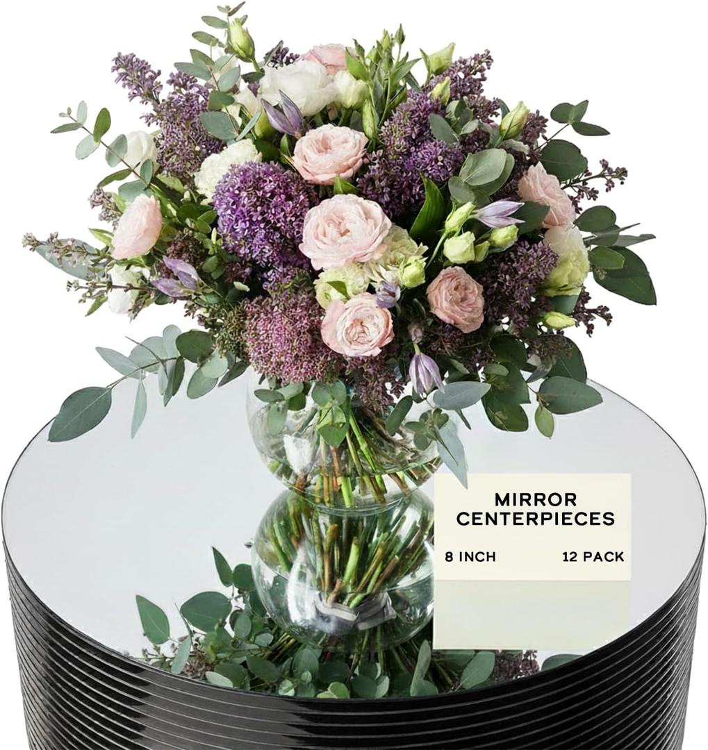 Houseables Mirror Centerpieces for Tables, Round Mirrors for Centerpieces, Mirrored Trays, Round Table Plate Tray, Circle, Glass Charger, Wedding, Center Piece, Small, Base, Candle, 8 Inch, 12 Pack (Silver)