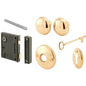 Prime-Line E 2437 Vertical Trim Vintage Lock Set  Cast Steel, Brass Plated Knobs, Antique Skeleton Key Lock System  2-1/2 Backset, Surface Mounted, Right-Hand Swing-In Interior Doors (Single Pack)