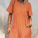 AlvaQ Rompers for Women Solid Color Casual Short Sleeve V Neck Zipper Short Jumpsuits with Pockets (XXL)