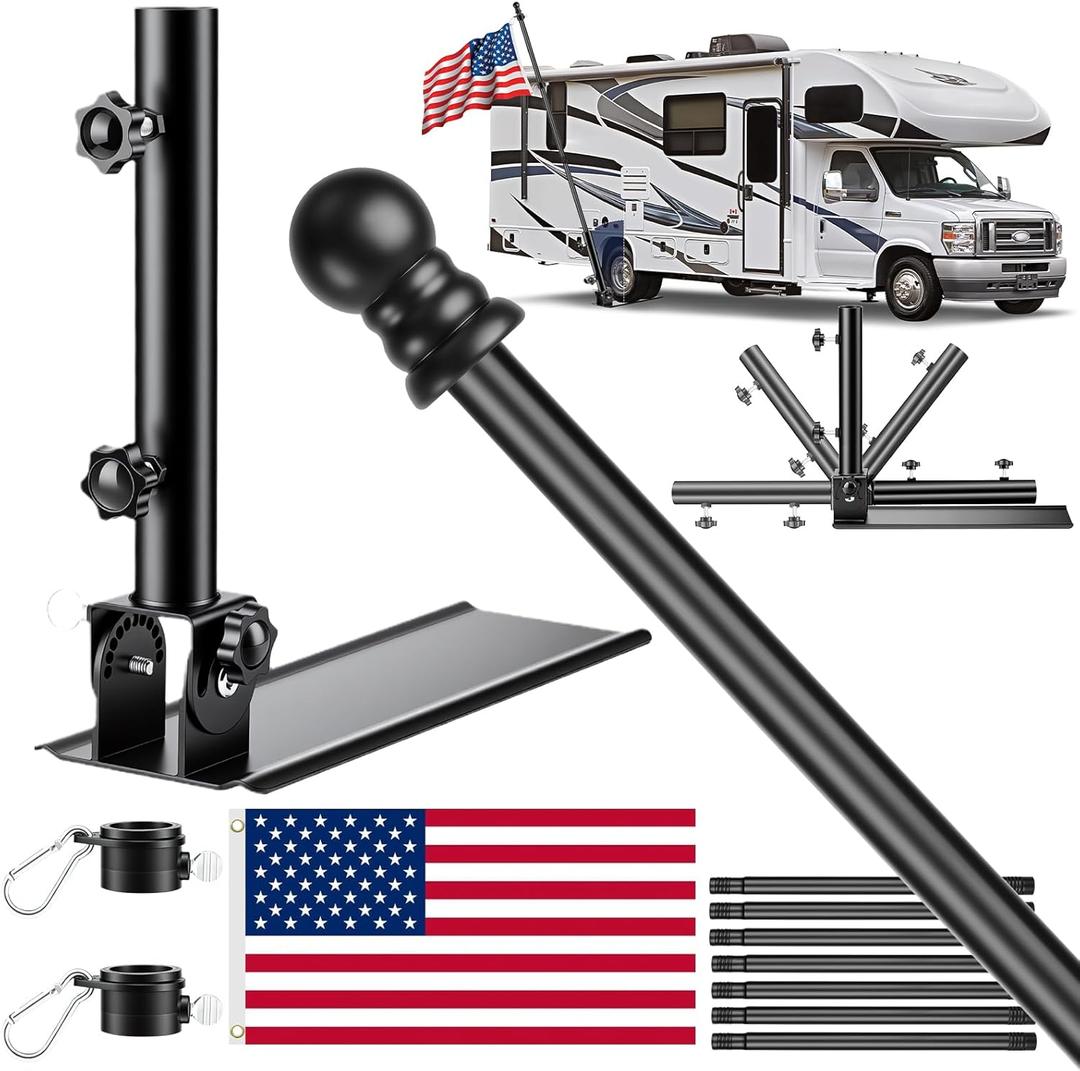 Patented 180° Adjustable Tailgate Flag Pole Kit - 10FT Portable RV Flagpole Mount with 3x5 250D US Flag & Tire Mount Base - Flag Holder for Truck, Camper, Trailer, Tailgating & Outdoor Events