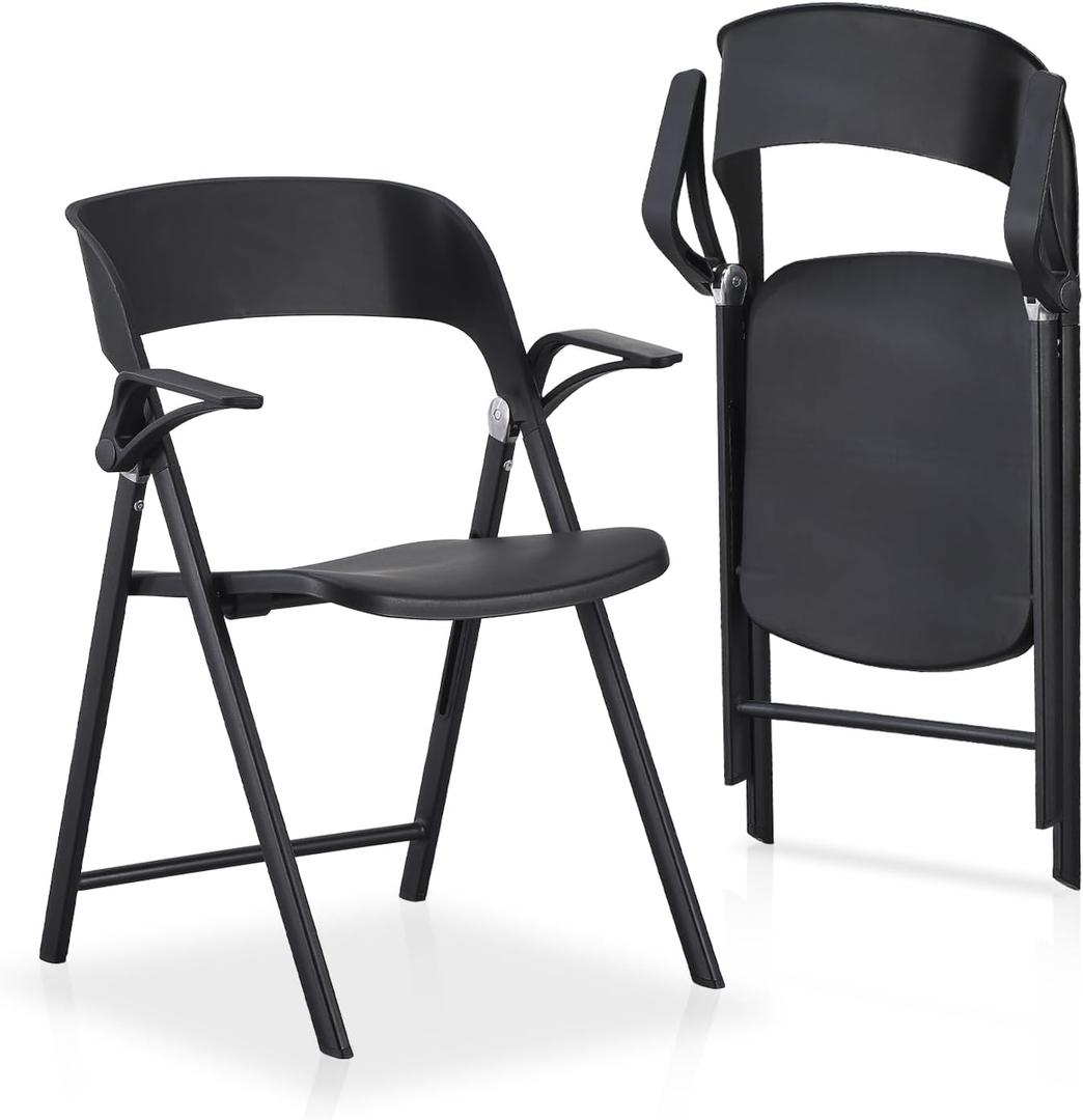 KAIHAOWIN 2 Pack Plastic Folding Chair with Armrest, Heavy Duty Foldable Chairs with Steel Frame Commercial Stackable Guest Chairs for Indoor and Outdoor-Black, 24 inches x 20 inches x 31.2 inches