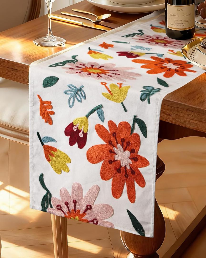 Canvas Embroidered Table Runner - 13x72 Inch Spring Floral Runner for Table Decor Boho Farmhouse Retro Kitchen Dining for Home Party Living Room Decor, Colorful Flowers