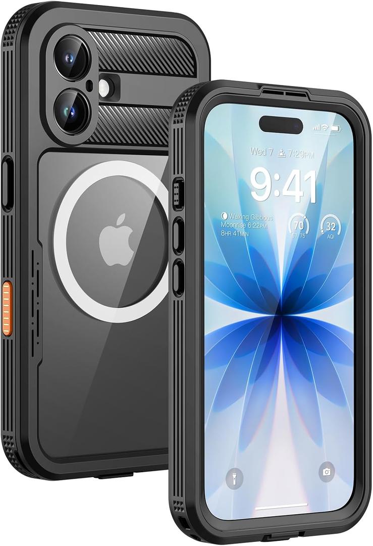 Lanhiem Magnetic for iPhone 17 Case, IP68 Waterproof Dustproof Case, [Compatible with Magsafe] [Built-in Screen Protector] Full Body Heavy Duty Rugged Phone Cover 6.3 inch, Black/Clear