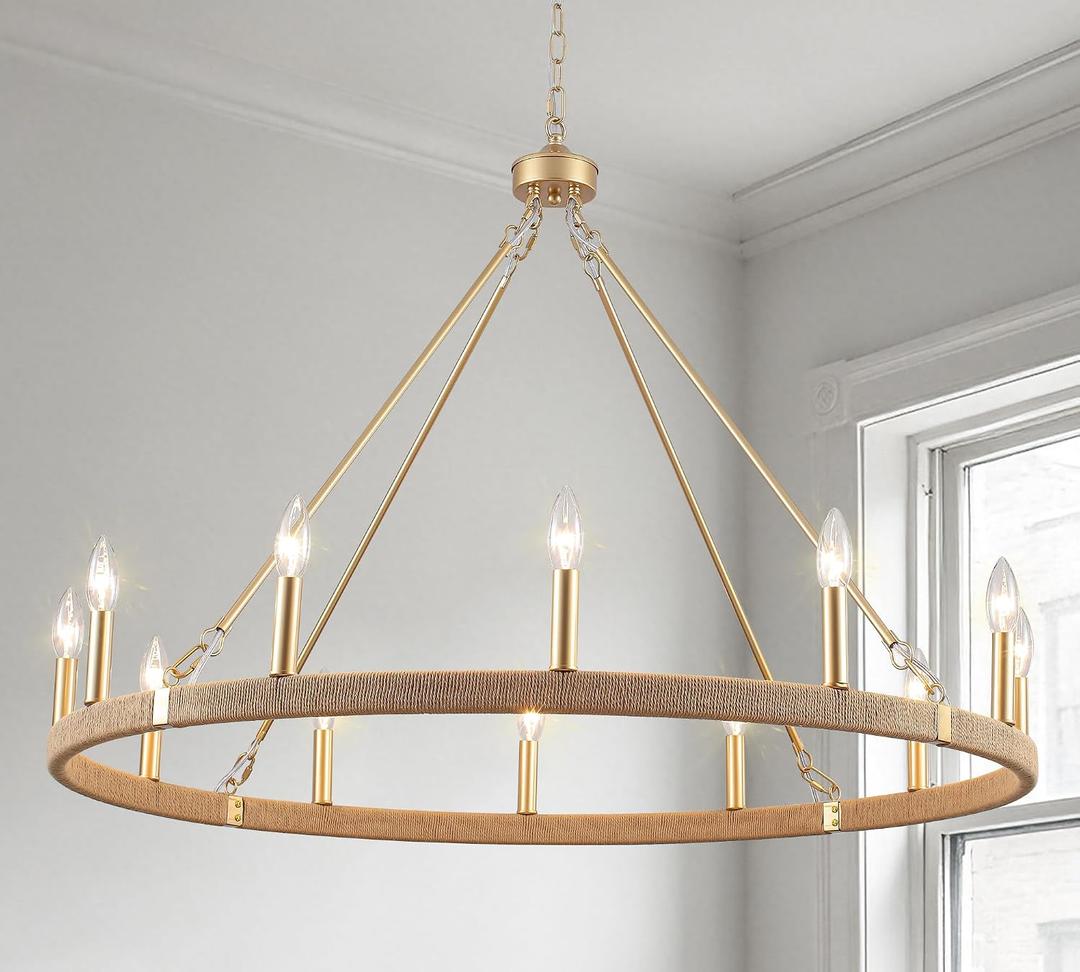 38” Gold Rattan Wagon Wheel Chandelier for Dining Room 12 Light Hand Woven | Boho Coastal Chandeliers Pendant Light Fixture for High Ceiling Kitchen Island Living Room Foyer Entryway Outdoor, 38" x 25.6"
