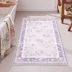 LIVEBOX Floral Washable Rug 2x3, Lavender Bathroom Rugs Non Slip Soft Bedroom French Country Rug, Ultra Thin Flower Small Throw Rug for Entryway Indoor Door Mat for Kitchen, Purple