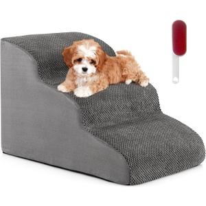 Tangkula Foam Dog Stairs for High Beds, Extra Wide & Deep Pet Ramp, Non-Slip Dog Steps for Small Older Injured Dogs Cats, Foam Pet Stairs with Lint Remover Brush for Beds, Couches (3 Steps-Grey)