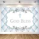 7x5ft God Bless Backdrop Baby Baptism Photography Background First Holy Communion Religious Christening Newborn Party Decorations Banner Photo Booth Props (Blue)