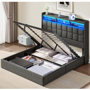 Lift Up King Size Bed Frame with Storage, Upholstered King Bed Frame with Charging Station and LED Lights Headboard, No Box Spring Needed, Easy Assembly - Dark Grey