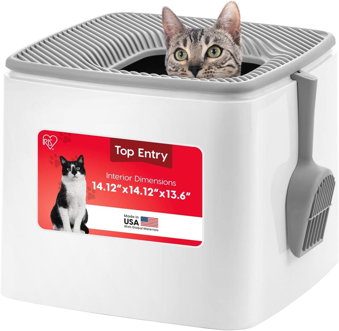 IRIS USA Cat Litter Box Top-Entry Square Top Entry Litter Box with Scoop, Enclosed Litterbox with Odor Control, Dog Proof Covered Litter Box Design, Easy to Clean, White/Gray