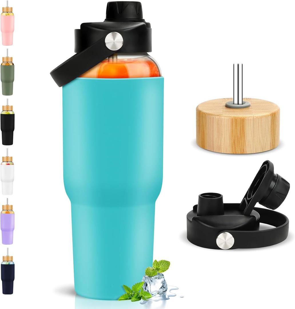 PROBTTL 40 oz Glass Tumbler with Handle - Sports Clear Borosilicate Glass Water Bottle with Straw, Silicone Sleeve, 2 Lids - Handle Spout & Bamboo Straw Lid, Fits Car Cup Holder, Leakproof (Aqua)