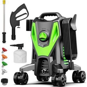 Electric Pressure Washer, 4500 PSI 3.0 GPM High Pressure Cleaning Machine with 35 FT Power Cord, 20 FT Hose, Foam Cannon, 4 Nozzles,Easy Store for Car/Garage/Patio, Green/Small