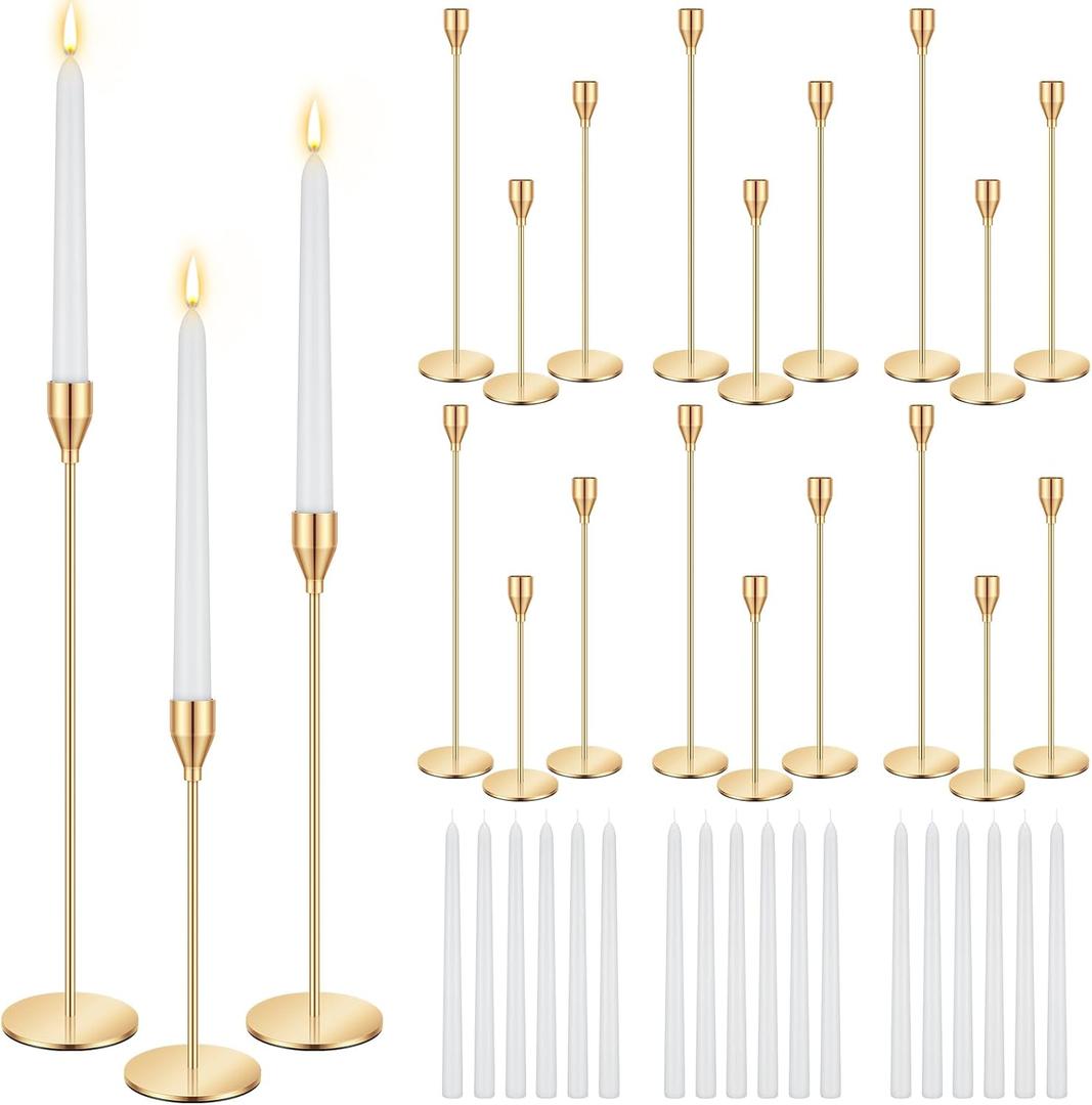MTLEE 36 Pcs Christmas Matte Candle Holders Set with White Taper Candles Decorative Candlestick Holder Dripless Tapered Candles Metal Candle Tall Dinner Candle for Wedding Party Church Baptism (Gold)