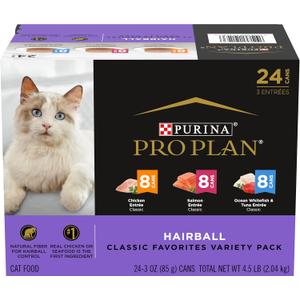 Purina Pro Plan Hairball Control Cat Food, Wet Cat Food Variety Pack, Hairball Control Entrees - (Pack of 24) 3 oz. Cans (EXP 05/01/27)