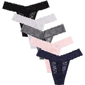 Women's Sexy Lace Thongs V Cheeky Underwear See Through Panties Pack of 5 (Large)