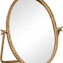 Vintage Desk Makeup Mirror, 12" L x 7.9" W Antique Gold Vanity Table Mirrors, Metal Framed Oval Small Standing Mirrors with Beaded, 360 Adjustable Rotation for Tabletop, Bedroom