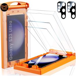 MRGLAS 2+2 Packs for Samsung Galaxy S23 Ultra Screen Protector 6.8" with Camera Lens Protector [Auto Alignment Cabin/Dust Removal] 7H HD Hybrid Material, 100% Fingerprint ID Compatible, Case Friendly