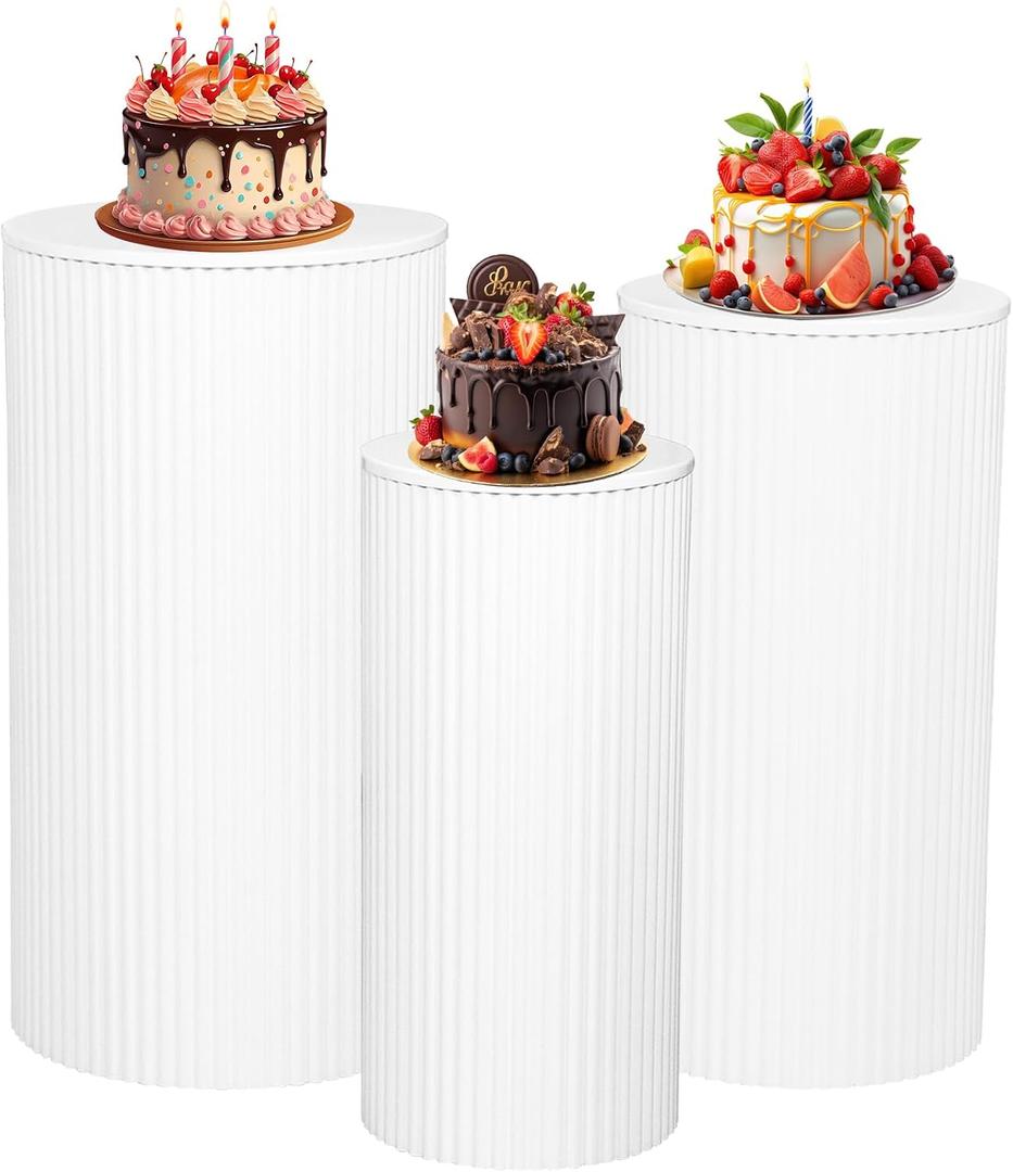 HAISIWLKJ 3PCS Round Pedestal Stands for Parties, Small White Metal Cylinder Plinths Dessert Table Cube Display Pillars for Birthday Wedding Bridal Party Decorations