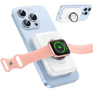RORRY for Magsafe Portable Charger, [for iPhone & iWatch] Fast Charging Magnetic Power Bank, 5000mAh for Wireless Portable Charger, for Magsafe Battery Pack with Finger Ring, White