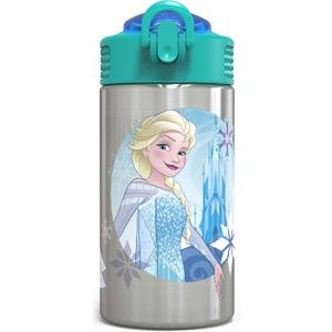 Zak Designs Frozen 15.5oz Stainless Steel Kids Water Bottle with Flip-up Straw Spout - BPA Free Durable Design, Frozen Girl SS