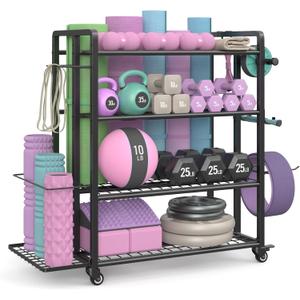 4-Tier Dumbbell Rack Stand Only, Adjustable Weight Rack for Dumbbells Kettlebells Yoga Mat, Home Gym Storage Rack with Wheels and Hooks, Powder Coated Finish