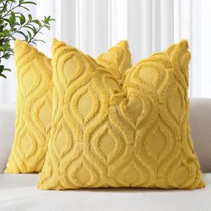 decorUhome Summer Throw Pillow Covers 18x18 Inch Set of 2, Soft Plush Faux Wool Mustard Yellow Solid Couch Pillow Covers, Accent Farmhouse Neutral Square Pillow Cases for Sofa Bed Living Room