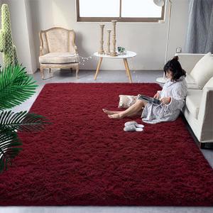 DweIke Fluffy Burgundy Red Rugs for Bedroom Living Room, 3x5 Feet Soft Plush Shaggy, Maroon Girls Boys Kids Rug, Non-Slip and Machine Washable Carpet for Dorm Nursery Classroom Decor