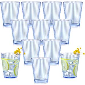 12 PCS Plastic Ribbed Drinking Glasses 10oz Blue Unbreakable Vintage Ripple Stemless Wine Glasses Cocktail Tumbler Glass Cups Disposable Retro Glasses Drinkware for Wedding Baby Shower Birthday Party