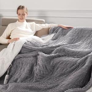 Electric Throw Heated Throw 50''x60'', Striped Flannel & Thicker Sherpa, 5 Heat Settings & 4 Hour Auto Off with FCC/ETL Certified, Overheat Protection & Machine Washable, Great Gift, Light Grey