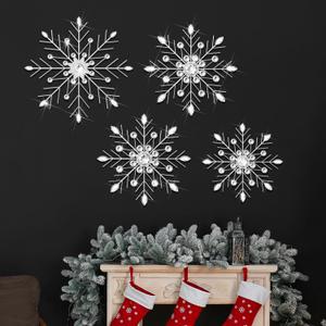 Hicarer 4 Pcs 12" 10" 8" Snowflake Metal Wall Art Rhinestones 3D Decor Christmas Silver Hanging Metal Artwork Wall Decor Glitter Crafts Snowflake Decorations for Living Room (Transparent White)
