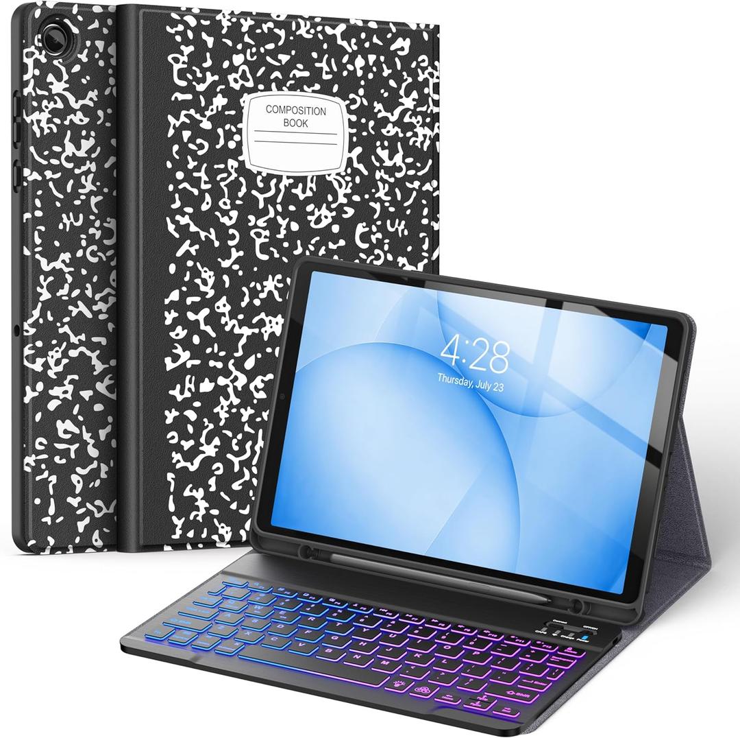 Supveco Keyboard Case for Samsung Galaxy Tab A11+ Plus 11 inch 2026 Model (SM-X230/X236/X238)-7 Color Backlight Wireless Detachable Folio Keyboard Cover with S Pen Holder, Notebook, Black