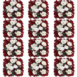 Flowers Wall Backdrop - 12 PCS 15 X 15 inch Artificial Silk Floral Panels for Wedding Celebrations Bridal Shower Event Birthday Party Home Photography Background Decoration - Burgundy & White