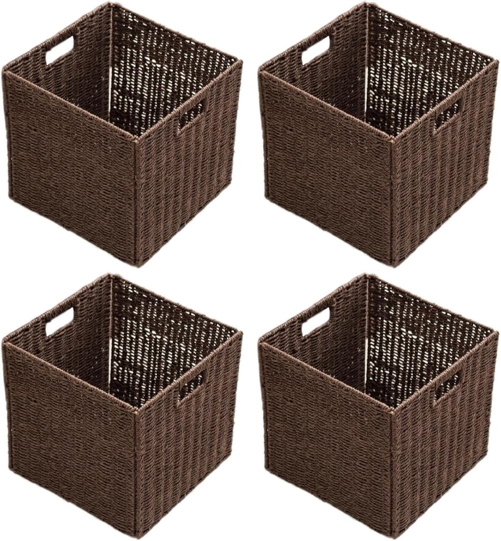 Handwoven Paper Woven Cube Basket Organizer with Handles set of 4 Foldable Storage baskets for Bedroom Living Room Cubby Storage Units for Clothes Books Toys (Brown, 13" L x 13" W x 13" H)