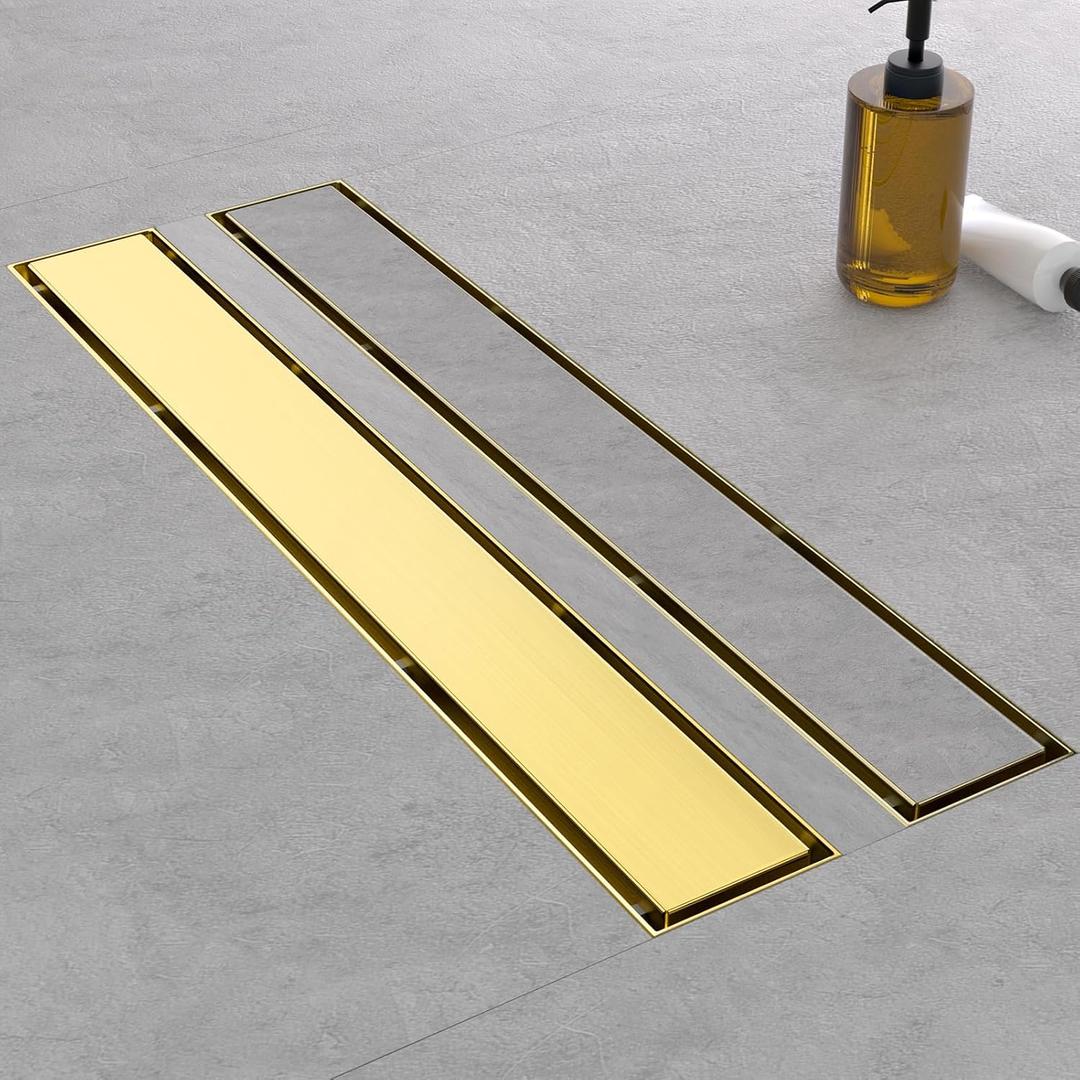 Linear Shower Drain, 32 Inch Brushed Gold 304 Stainless Steel Shower Drain with Tile Insert Panels, Long Rectangle Shower Floor Drain with Adjustable Feet, Hair Catcher, Fits Bathroom, Balcony