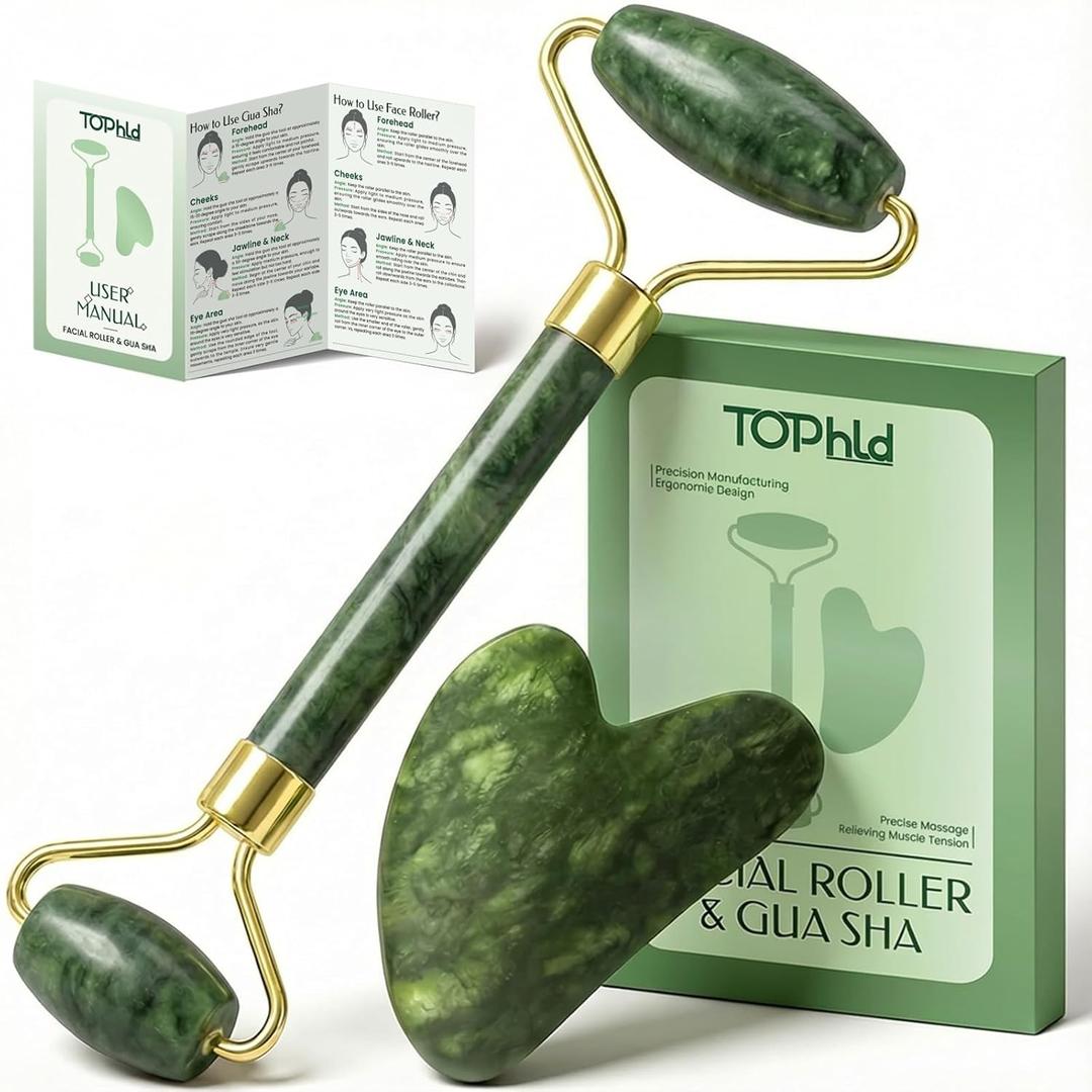 Face Roller & Gua Sha Facial Tools, Face Massager for Self Care, Jade Roller for face, Jawline Sculpting and Puffiness Reducing (2PCS, Green)