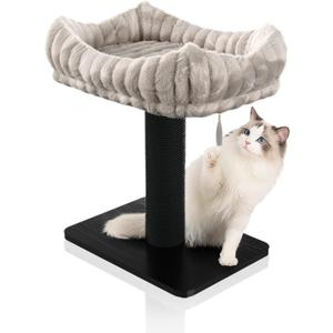 Modern Scratching Post for Indoor Cats - 15 High Cat Scratching Post with Bed Breeds - 15.7 x 11.6 Removable & Washable Cushion (Black Post with Gray Bed)