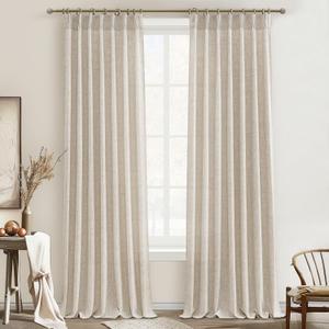 Natural Linen Viral 105 Inch Curtains for Dining Room, Textured Boho Beige Semi Sheer Farmhouse Curtain 2 Panels Set with Hooks&Rings for Bedroom 104-106 Inch Window Drapes W40 xL105