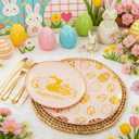 GATHER 175Pcs Easter Plastic Plates - Pink Plastic Dinnerware Set with Gold Bunny Includes 25 Dinner Plate and 25 Dessert Plate, 75 Silverware, 25 Cups, 25 Napkins for Easter Party