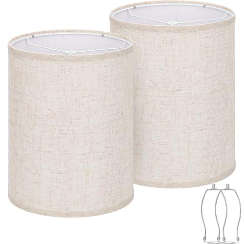 Tall Drum Lamp Shades Set of 2, 10"Top x10" Bottom x 13"High, Beige Lampshade for Table Lamp Floor Lamp, Replacement Lampshades Natural Linen Handcrafted, Spider, Harp Holders Included, Easy Assembly