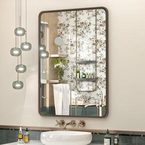 OKPAL 20x28 Bronze Bathroom Mirror, Brushed Metal Bathroom Vanity Mirrors for Wall, Rounded Rectangle Bronze Frame Mirror for Farmhouse, Anti-Rust (Horizontal/Vertical)