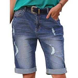 Flamingals Women's Ripped Rolled Hem Denim Bermuda Shorts Without Belt Mid Waist Casual Shorts Mid Blue M