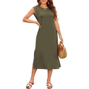 Naggoo Women Summer Sleeveless Long Sun Dress 2026 Casual Split Midi Beach Vacation Dress with Pockets (Green, L)