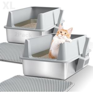 2 Pack Stainless Steel Litter Box,XL Metal Cat Litter Box with Lid High Sides,Extra Large Litter Box for Big Cats,Odor-Resistant, Scratch-Proof, Easy to Clean,Scoop &Mat Included