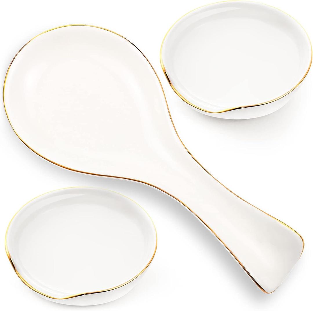 Patelai 3 Pcs Ceramic Spoon Rest for Stove Top 4 Inch Small Spoon Holder for Kitchen Counter Cooking Ladle Utensil Rest for Coffee Tea Farmhouse Rustic Kitchen Housewarming Christmas Gift(White)
