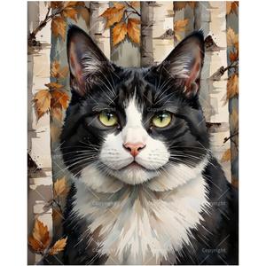 Tuxedo Cat Paint by Numbers Kit for Adults - DIY Black and White Cat in Autumn Forest Painting on Canvas 16x20In, Framed Acrylic Paint Set, Suitable for Beginners, Art for Home Decoration or Gifts
