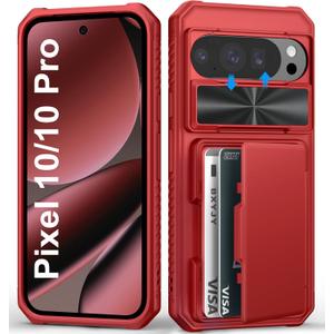 BXYJY for Google Pixel 10 & 10 Pro Wallet Case with Card Holder (4-5 Cards), Military Drop Protection, Slide Camera Cover, Shockproof Heavy Duty Rugged Men Women Phone Case for Pixel 10 & 10Pro, Red