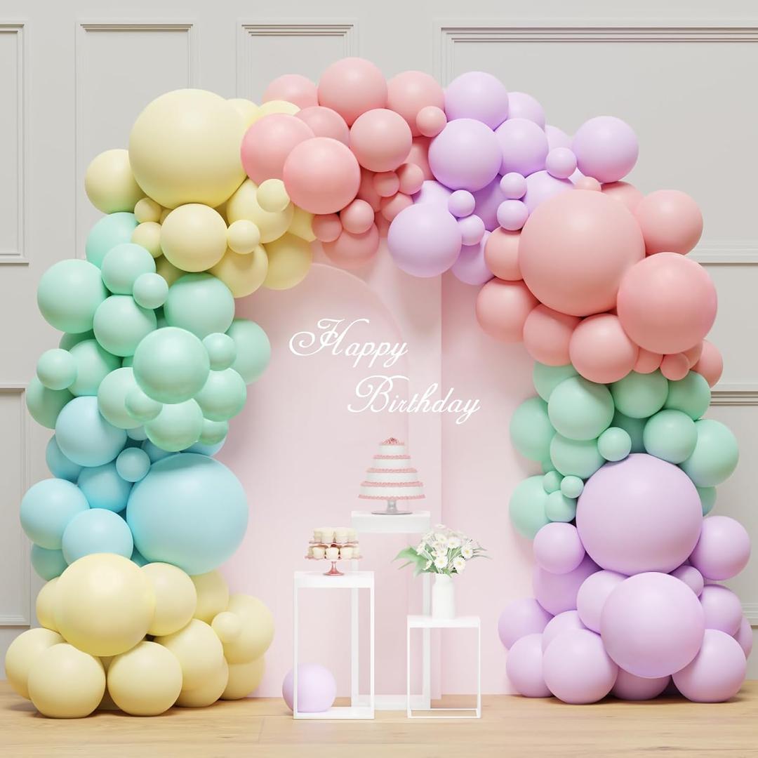 Pastel Balloon Arch Garland Kit - 131Pcs Rainbow Balloon Arch Kit - Birthday Balloons, Macaron Pink Yellow Blue Purple Balloons for First Birthday Baby Shower Wedding Party Decorations