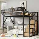 KEIKI Full Size Metal Loft Bed Frame with Convertible Staircase, Built-in Storage Shelves & Wardrobe, Loft Bed with Solid Slats & Guardrail, No Box Spring Required, Easy Assembly, for Bedroom, Black